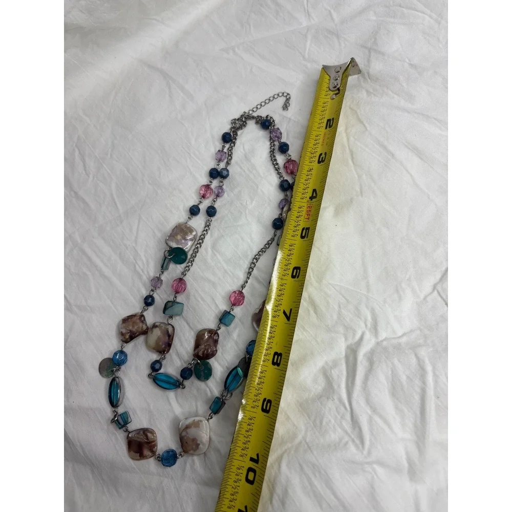 Multi Strand Statement Necklace Natural Shell Beads Blue Pink Purple Accent